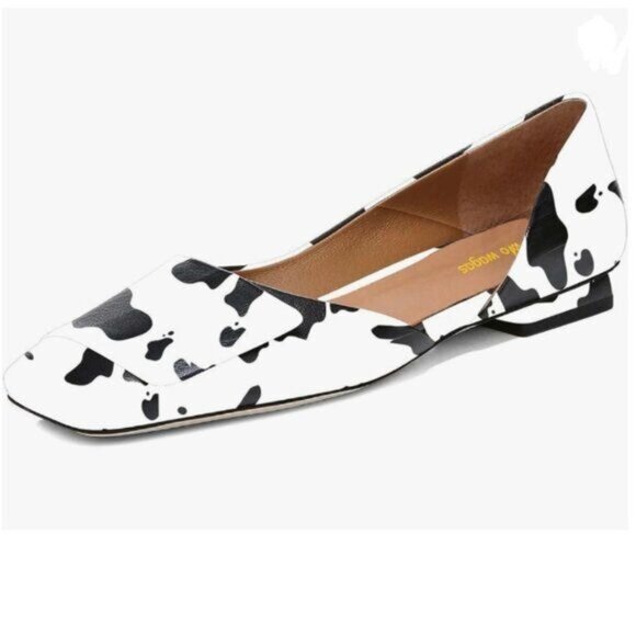 Wo Wagas Shoes - Wo Wagas Milk Cow Print Side Cut Block Low Heels Square Toe Pumps Slip On Shoes